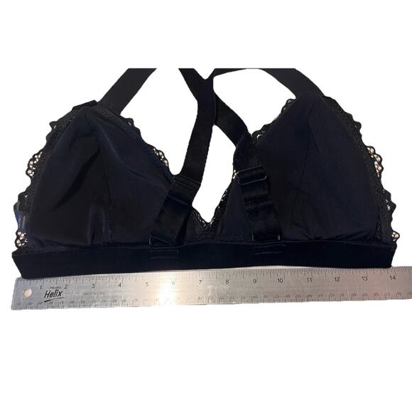 Rene Rofe Black Lace Bralette L Wireless Padded Cross Back Velvet Straps - Picture 9 of 11